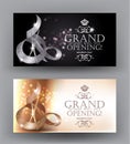 Elegant grand opening cards with textured curled ribbon and scissors.