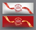 Elegant grand opening gold and red invitation card with sparkling ribbons.