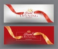 Elegant grand opening gold and red invitation card with sparkling ribbons.