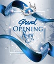 Elegant grand opening invitation card with blue textured curled blue ribbon and marble background.