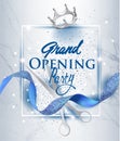 Elegant grand opening invitation card with blue textured curled ribbon and marble background.