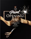 Elegant grand opening invitation card with gold ribbon and frame. Royalty Free Stock Photo