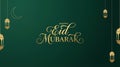 Elegant Golden Eid Mubarak Greeting with Crescent Moon and Lanterns on Green Background Royalty Free Stock Photo