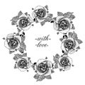 Elegant graphic round frame with roses, love and wedding theme