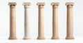 Elegant Greek columns in various shapes and materials showcase classical architecture Each column features unique textures and Royalty Free Stock Photo