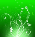 Elegant green background with swirls, flowers and butterflies and space for your text. Spring illustration Royalty Free Stock Photo