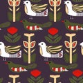Elegant green, purle and red, flowers and birds in a folk art pattern
