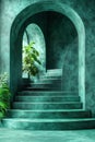 Elegant green staircase with natural light and decorative greenery Royalty Free Stock Photo