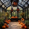 An elegant greenhouse filled with pumpkins. Pumpkin as a dish of thanksgiving for the harvest