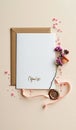 Elegant greeting card with brown envelope and pink flowers on beige background Royalty Free Stock Photo