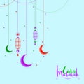 Elegant Greeting Card design decorated with hanging lanterns and colourful crescent moons for Muslim Community Famous Festival, Royalty Free Stock Photo