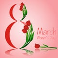 Elegant greeting card design with tulips for International Women s Day celebration on red shiny background. 8 march