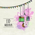 Elegant greeting card with hanging gifts and crescent moons on floral decorated background for Islamic Famous Festival, Eid Royalty Free Stock Photo