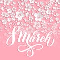 Elegant greeting card. 8 March International Womens Day. Vector card with beautiful sakura flower element and elegant