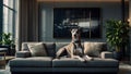 elegant greyhound lying on a large sofa in a modern apartment illuminated by a large window Royalty Free Stock Photo