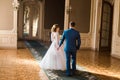 Elegant groom and his bride walking hand-in-hand in rich interior Royalty Free Stock Photo