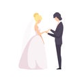 Elegant groom putting the ring on brides finger at wedding ceremony vector Illustration on a white background