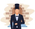 Elegant groom with top hat over door and bricks background