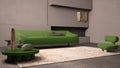 Elegant grunge living room with plaster walls and floor, fireplace. Green sofa with pillows, carpet, fluffy armchair, side tables