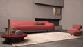 Elegant grunge living room with plaster walls and floor, fireplace. Red sofa with pillows, carpet, fluffy armchair, side tables, Royalty Free Stock Photo