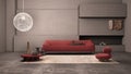 Elegant grunge living room with plaster walls and floor, fireplace. Red sofa with pillows, carpet, fluffy armchair, side tables, Royalty Free Stock Photo