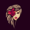 Beauty, hair studio, fashion illustration. Beautiful, attractive blonde woman with red flower. Long, wavy hairstyle. Royalty Free Stock Photo