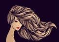 Beauty salon, hair studio, makeup, spa illustration. Beautiful, attractive woman with long, wavy, flowing hairstyle. Gold color. Royalty Free Stock Photo