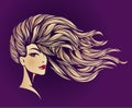 Beauty salon, hair studio, makeup, spa illustration. Beautiful, attractive woman with long, wavy, flowing, modern hairstyle. Royalty Free Stock Photo