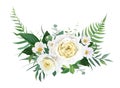 Elegant half wreath floral bouquet with yellow garden roses, white camellia flowers, greenery, green forest fern leaves, Royalty Free Stock Photo