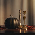 Elegant Halloween tabletop setting with black pumpkin and brass candlesticks Royalty Free Stock Photo