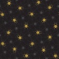 Elegant Halloween Vector Seamless Pattern With Gold and Grey Spiders on Spider Web on Black Background Royalty Free Stock Photo