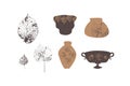 Elegant hand drawn brown boho textured pottery with leaf stamps clipart set. Isolated on white background.