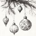 Elegant hand-drawn christmas ornaments hanging from pine branches Royalty Free Stock Photo