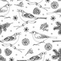 Elegant hand drawn Christmas seamless pattern with birds, fir tree branches, star anise and pine cones. Winter vintage