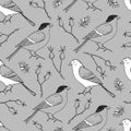 Elegant Hand Drawn Christmas Seamless Pattern With Bullfinch And Goldfinch Birds And Rose Hips. Winter Vintage Engraving