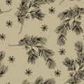 Elegant hand drawn Christmas seamless pattern with pine cones, pine tree branches and star anise. Winter vintage