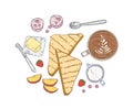 Elegant hand drawn composition with delicious breakfast meals and wholesome morning food - bread toasts, butter, fruits