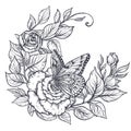 Elegant hand drawn graphic bouquet with rose flowers and leaves and butterfly