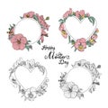 Elegant hand drawn round and heart shape floral frames set. Doodle pansy and hibiscus flowers monochrome and colorful Royalty Free Stock Photo