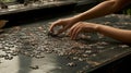Elegant hands arranging numerous jigsaw puzzle pieces on an ornate tabletop