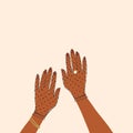 Elegant hands in gloves with dark brown skin. Female palms with manicure, bracelets and rings. Body parts, hands