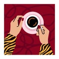 Elegant hands holding cup of hot coffee drink on dark red background. Top view. Colorful trendy flat vector illustration