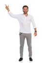 Elegant Handsome Man Is Pointing Up. Front View Royalty Free Stock Photo