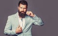 Elegant handsome man in suit. Handsome bearded businessman in classic suits. Sexy male, brutal macho, hipster. Male in Royalty Free Stock Photo