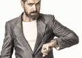 Elegant handsome man in suit. Sexy male, brutal macho, hipster. Handsome bearded businessman in classic suits. Man in Royalty Free Stock Photo