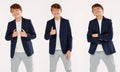 Elegant handsome smiling teen boy in three poses in studio