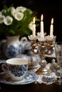 Elegant Hanukkah Feast: Silver Menorah, Traditional Dishes, and Cozy Ambiance