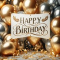 Elegant Happy Birthday Banner with Golden and Silver Balloon Display