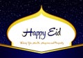 Elegant Happy Eid Ramadhan Blue and Gold Greeting Card with Mosque Shilloutte, Stars, Ornament, and Wishes