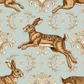 Elegant Hare Pattern on a Blue Background Royalty Free Stock Photo